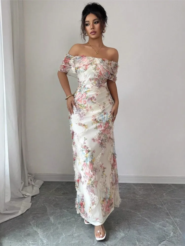 Sexy Boat Neck Dress For Women Fashion Spring Summer Elegant Romantic Ruffled Off-shoulder Waisted Floral Printing Dress Female