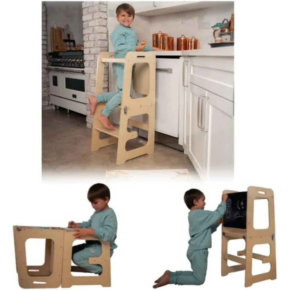 

4-in-1 Kitchen Tower Montessori and Waldorf Style for Toddlers and Kids 18 Months to 6 Years - The Ideal Counter Stepping Stool