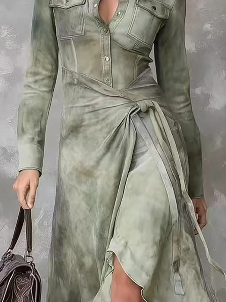 المرأة أنيقة نمط طباعة كشكش فستان طويل عادية كم طويل زر فستان الحفلات موضة التلبيب الياقة ثنيات فستان قميص سليم #1