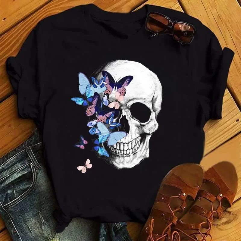 Butterfly Flower Skull Head Print Women T Shirt Short Sleeve O Neck Loose Women Tshirt Ladies Tee Shirt Tops Camisetas Mujer