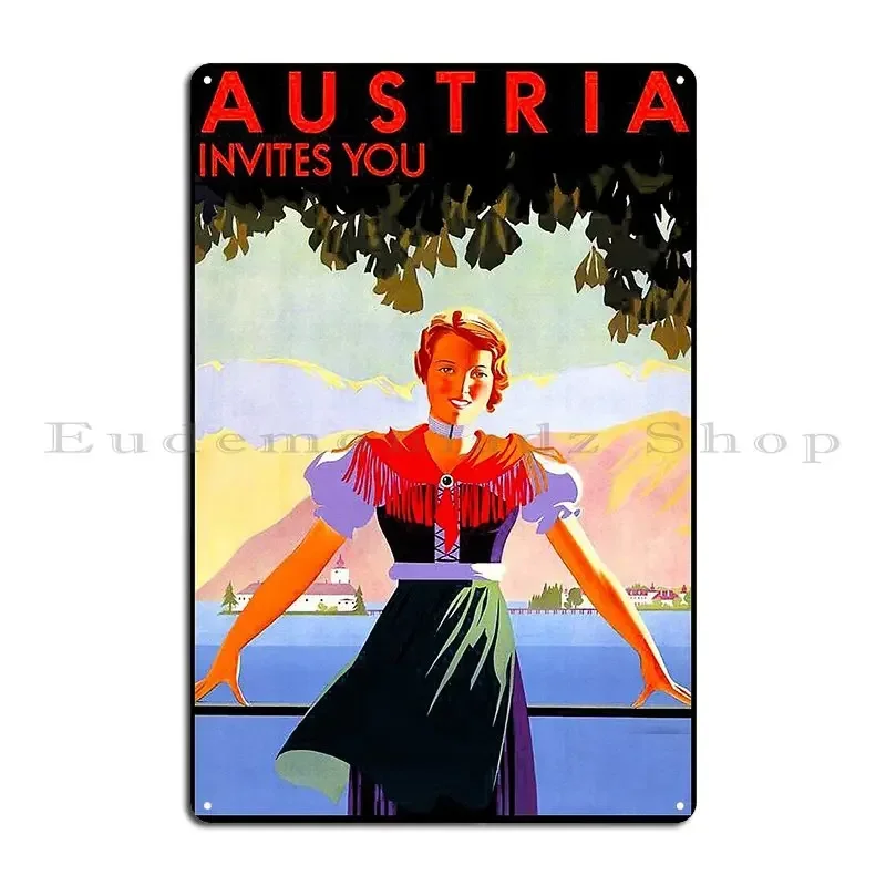 Austria Invites You Vintage Travel Poster Metal Plaque Garage Vintage Cinema Cinema Designer Tin Sign Poster