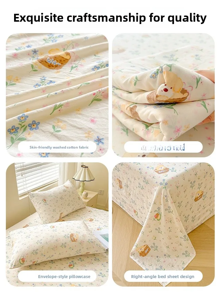 洗いざらしコットンベッドシーツ-シングル-非綿-純綿-寮-学生-三点セット-植物柄-アクティブプリント寝具