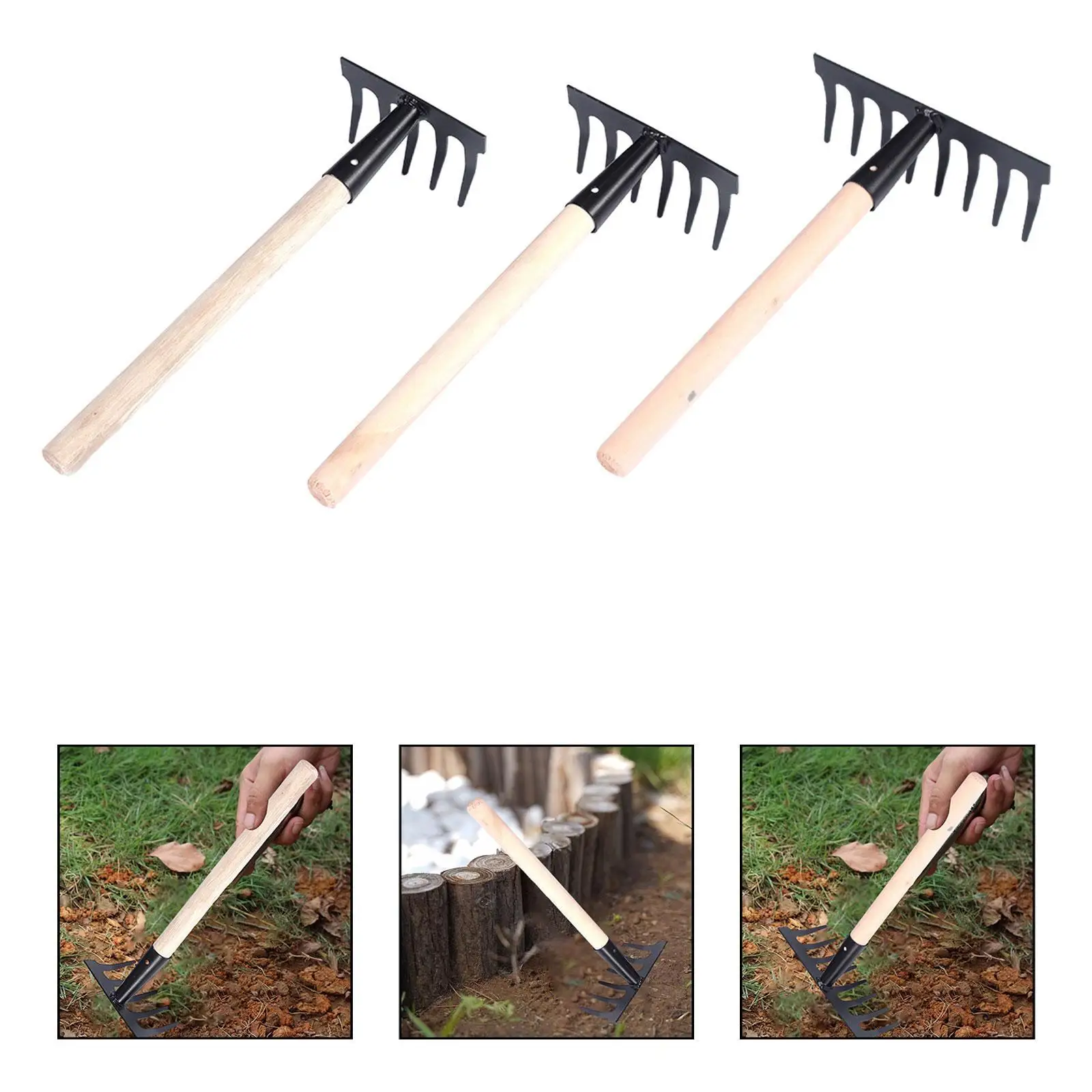 Gardening Rake Wood Handle Metal Hand Rake for Digging Smoothing Ground