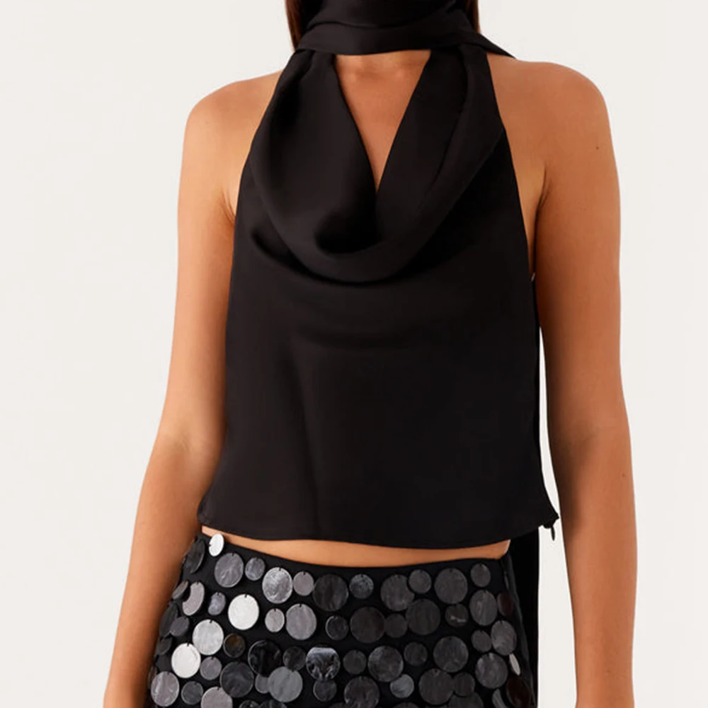 Coquette d'été y2k pour femmes, débardeur en Satin solide, col licou, sans manches, dos nu, col bénitier, Slim, Camisole, gilet court avec écharpe
