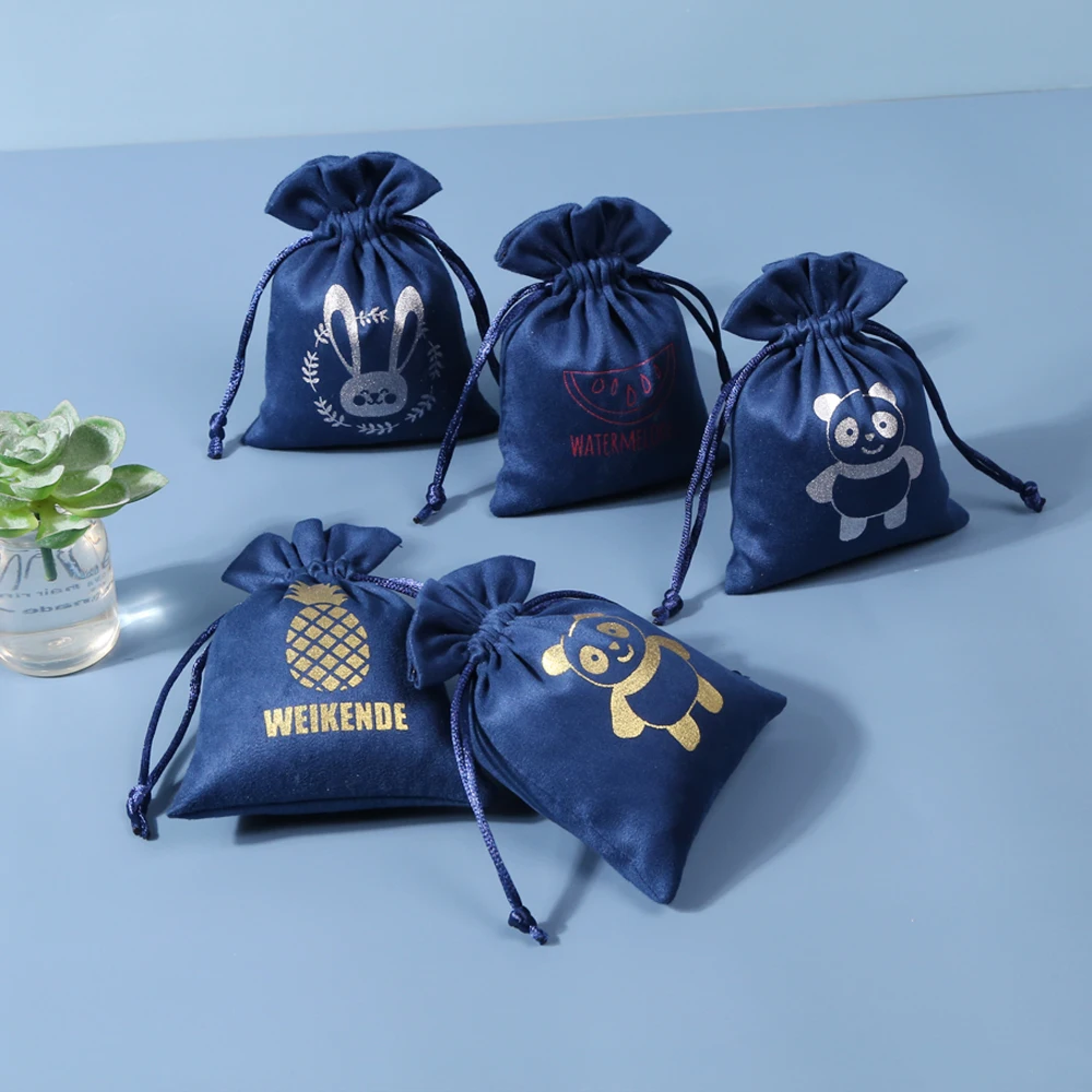 

100Pcs Custom Logo Navy Blue Flannel Jewelry Packaging Pouches Chic Wedding Favors Gift Bag Velvet Drawstring Pouch for Birthday