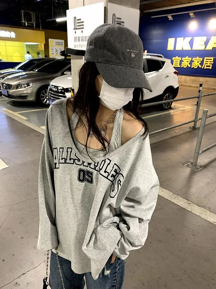 Y2K Two Pieces Set Oversized Women T-Shirts Spring Long Sleeve Halter Letter Print Sweatshirt Ladies Casual Loose Grey Tops New