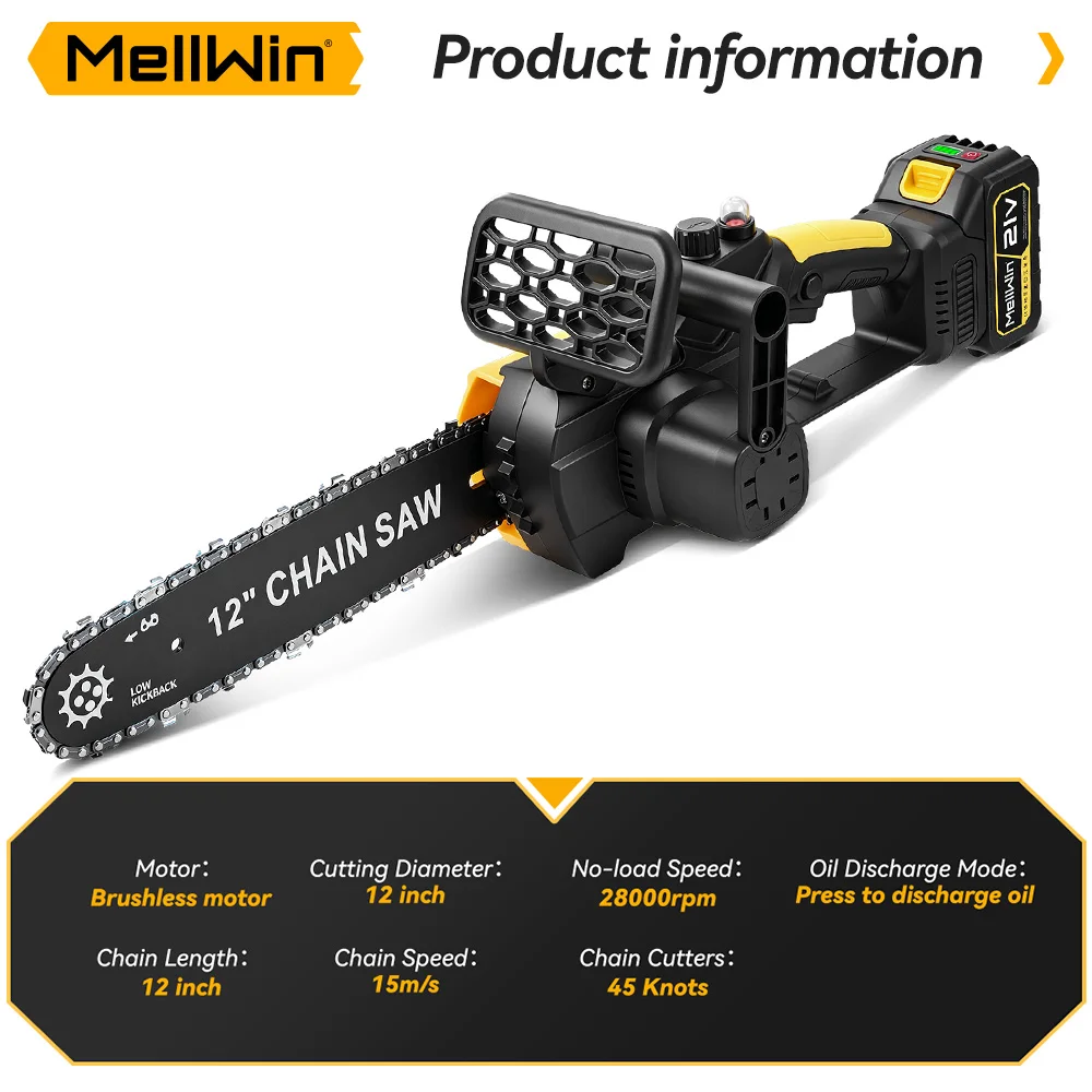 MELLWIN Electric Chainsaw 12 Inch Brushless Automatic Oiler Cordless Wood Cutting Logging Saw Tool for Makita 18V Battery Pin - Image 6