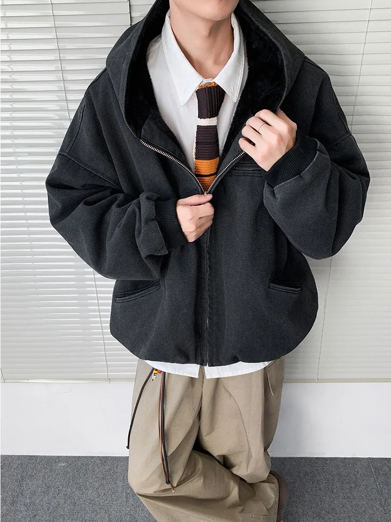 

Hooded Denim Cotton Jaet Men's Winter Warm Thiened Fce Lined Coat American Retro Lamb Fur Cotton Padded Youth Casual