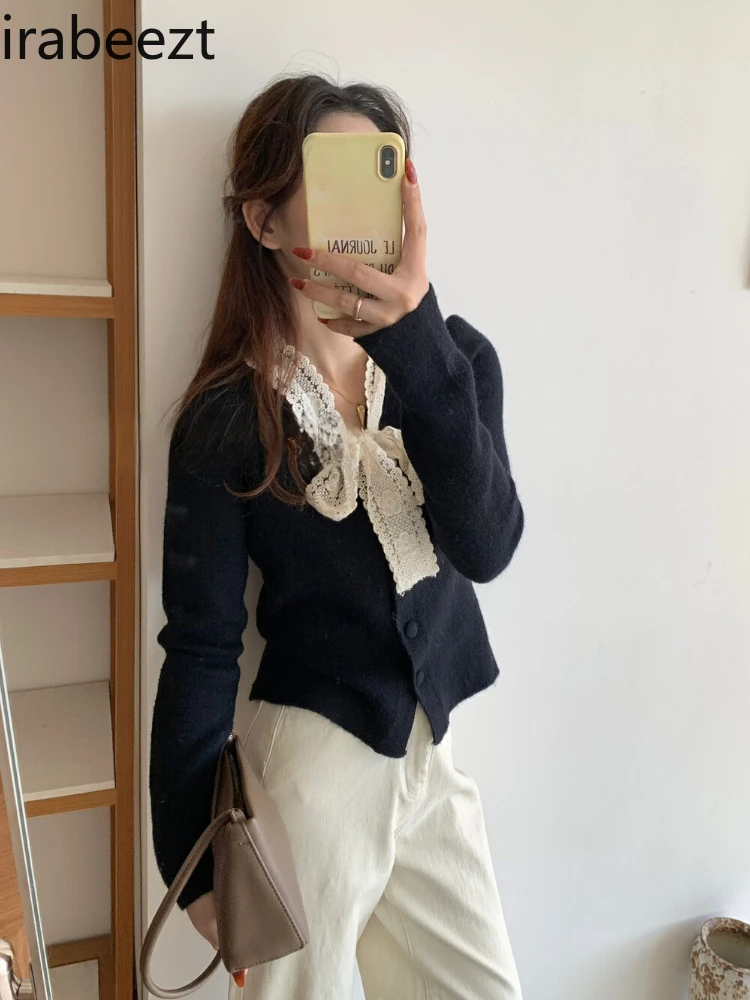 New Korean Trendy Splicing Lace Strap Sweet Warm Sweater Sueters De Mujer Regulai Fit Yellow Winter Cardigan Women