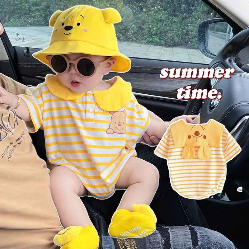 Fashion Newborn Baby Rompers Sock Hat 3pcs Set Summer Clothes Cartoon Pooh Bear Boys Girls Jumpsuit Infant Short Sleeve Bodysuit