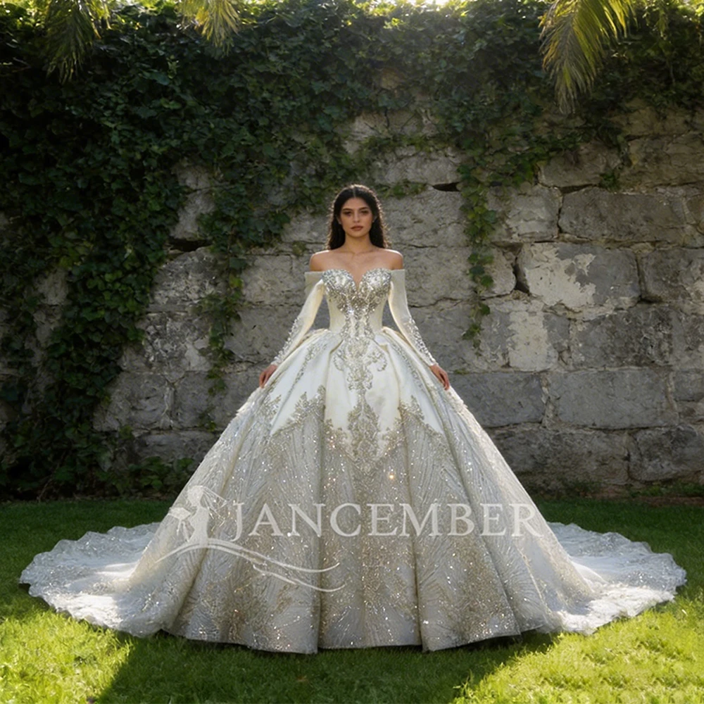 

Customized Sexy Big Skirt Satin Wedding Dress With Scoop Long Sleeved Lace Sequins Rushed Bead Vestidos De Novia Lace Up Back