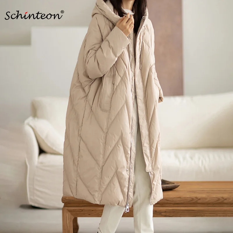Schinteon Women 90% White Duck Down Long Jacket with Hood Casual Loose Over Size Winter Warm Outwear High Quality 2026 New