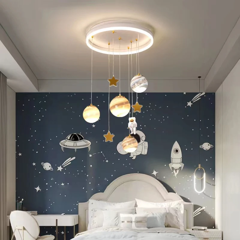 LED Astronaut Chandeliers for Boys Girls Bedroom Decor Modern Creative Children's Room Baby Room The Space Planet Chandelier