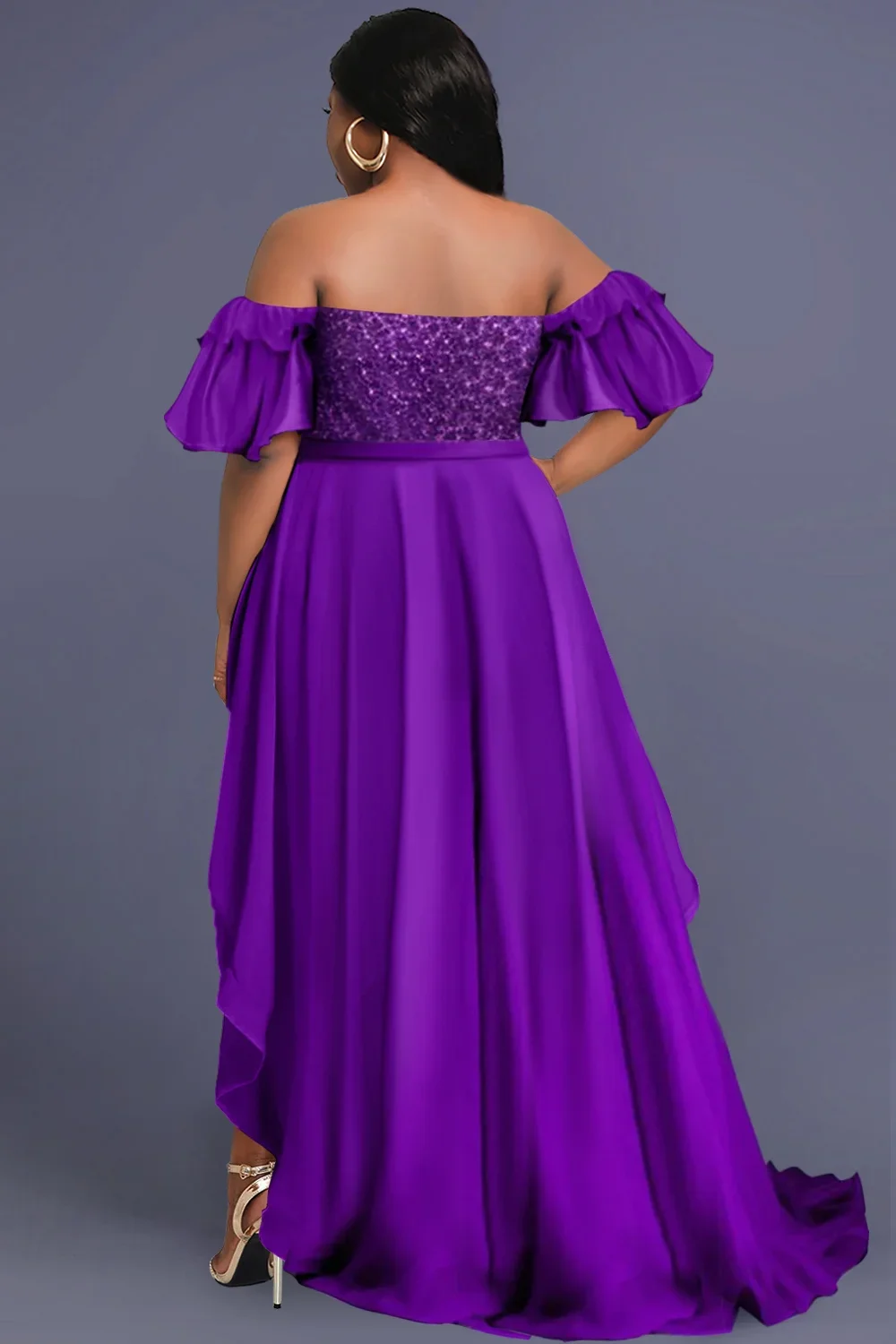 Vestido de talla grande para mujer, elegante, Morado, hombros descubiertos, manga con volantes, dobladillo asimétrico, fiesta de invitados de boda,