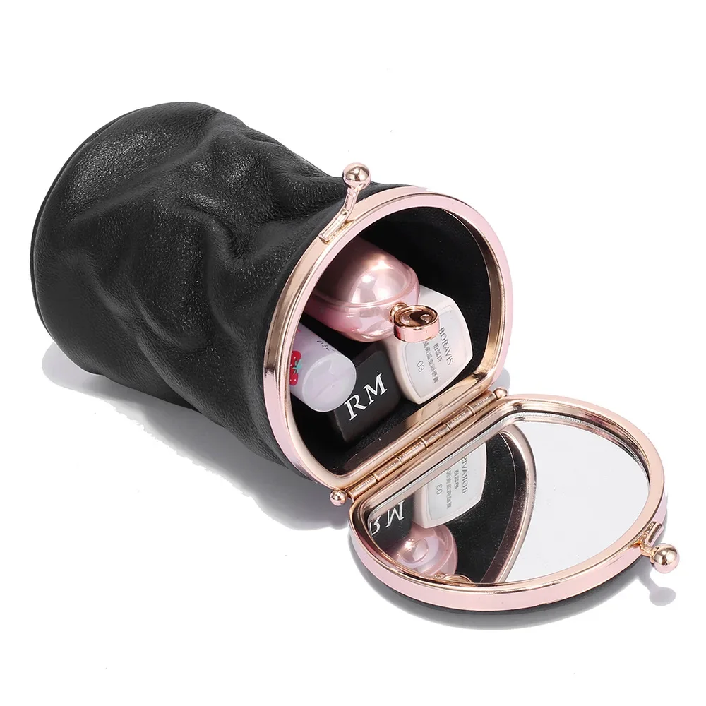 A8296 Real Top Layer Oil Waxed Cow Leather Fashion Cosmetic Mirror Barrel-Shaped Up Mini Make Cover Lipsticks Items Bag