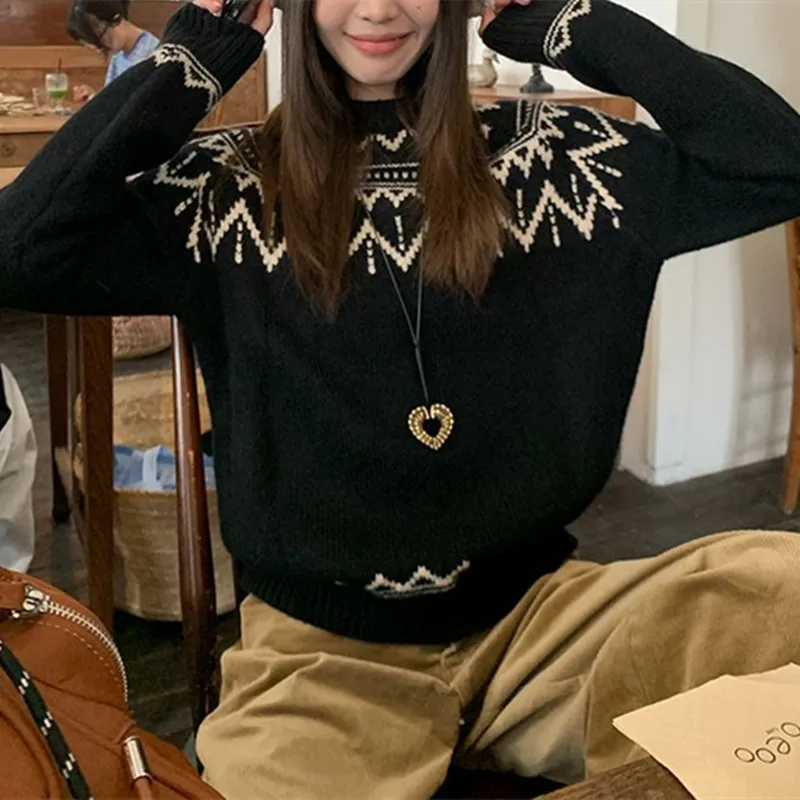 

Jacquard Lazy Wind Sweater Women's 2026 New Design Sense Retro Knitted Sweater