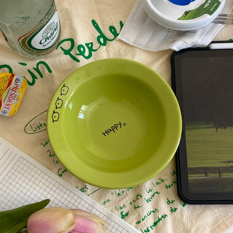 

French Green and White Ceramic Bowl, Creative Western Pasta Dessert Plate, Cartoon Simple Bowls Household Tableware Accessories