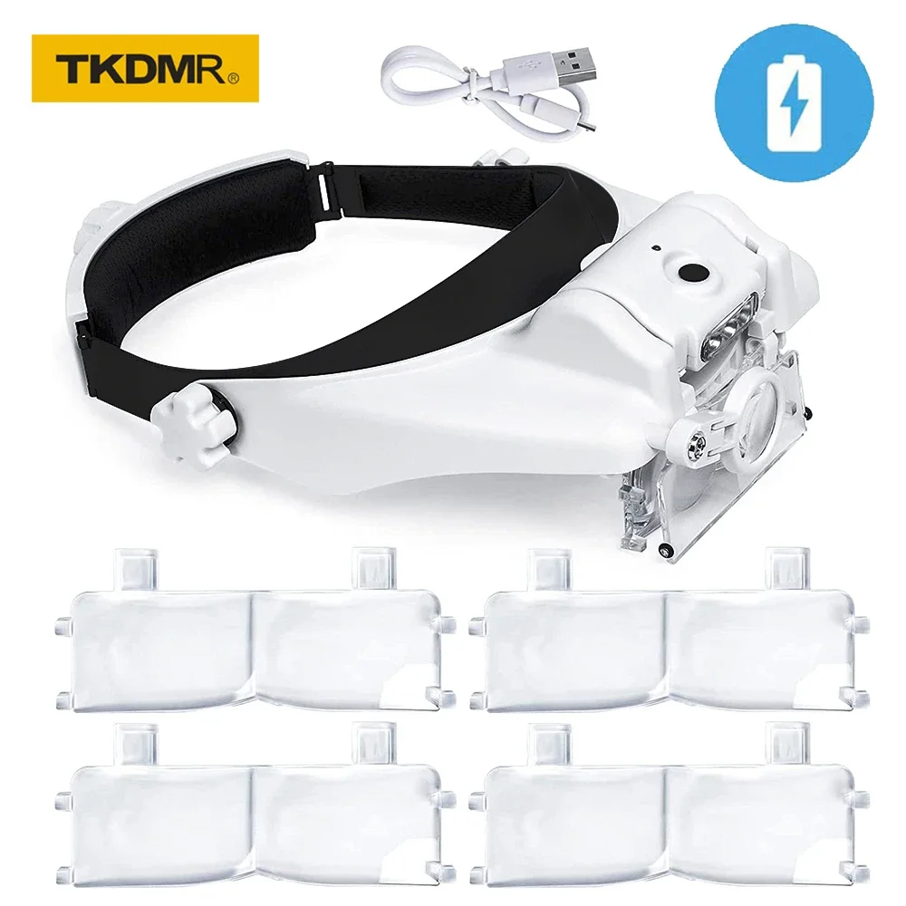 Tkdmrusb充電式ヘッドバンドルーペアイウェア拡大鏡照明付き拡大鏡、はんだ付け用2led光倍率