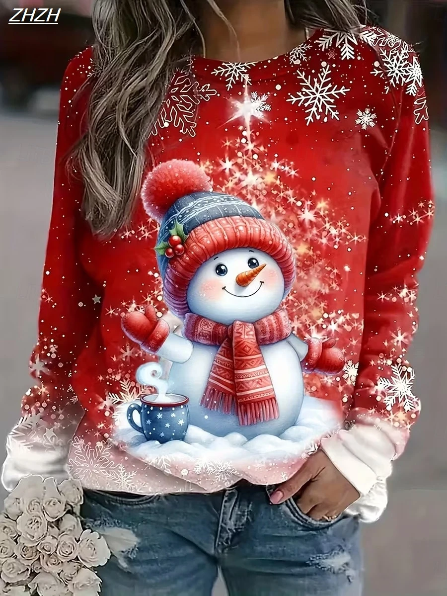 Sweat-shirt à manches longues et col rond pour femme, pull-over, bonhomme de neige, flocon de neige, mode décontractée, hauts réguliers, Streetwear, automne hiver 2025