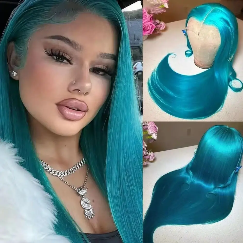 Long Straight Wig Heat Resistant Blue 13×4 HD Synthetic Lace Front Wigs No Glue Prepluck Hairline Natural Looking For Women Use