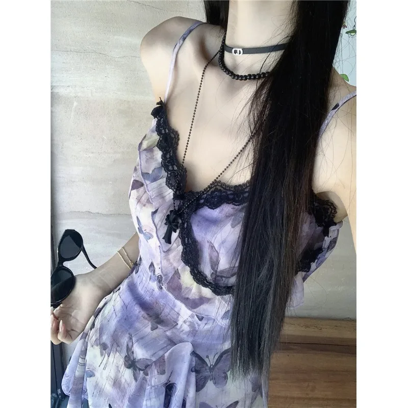 ฤดูร้อนผีเสื้อพิมพ์ Ruffle Hem ชุดผู้หญิงไม่สม่ําเสมอ SLIM FIT Cami Dress อินเทรนด์แขนกุดออกแบบ Elegant รายละเอียด