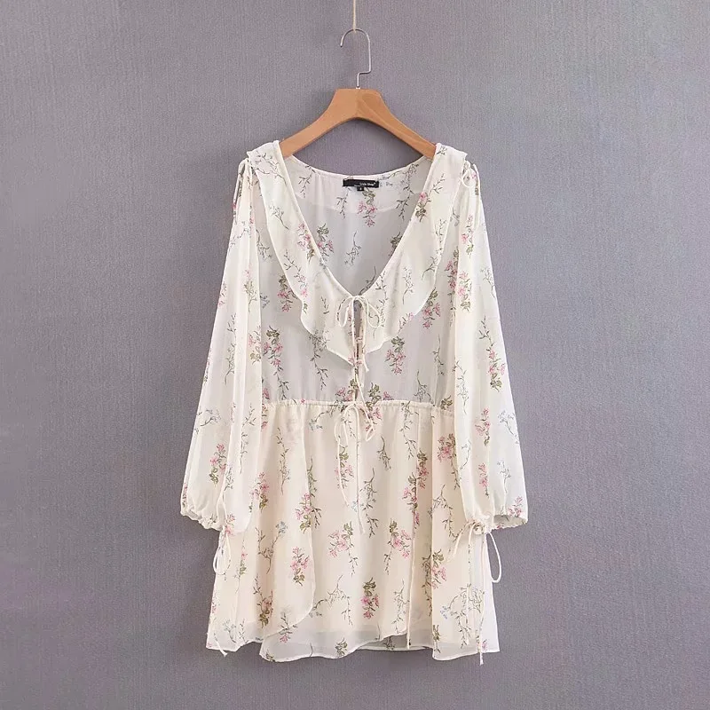 

Summer new style V-neck tie waist seal drawstring long-sleeved dress French style very fairy chiffon print mini dress