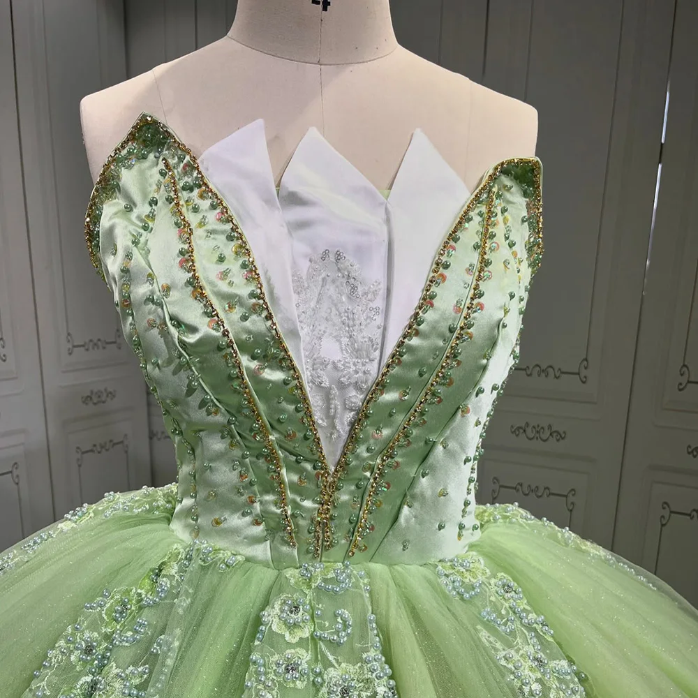 Sukienka Quinceañera na zamówienie, błyszcząca, zielona, balowa, bez rękawów, z cekinami, zdobiona koralikami, gorset, Sweet 16, Vestidos De 15 Años LSMU62