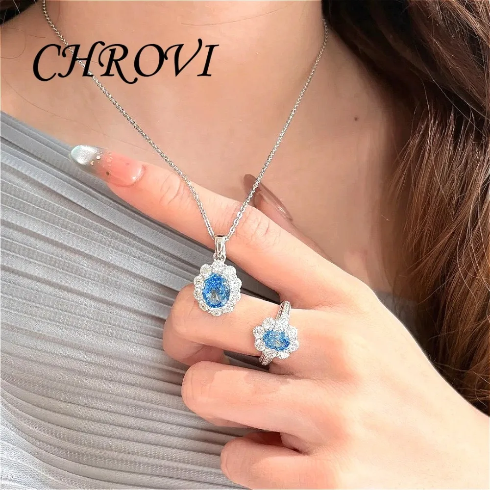 Light Luxury 925 Sterling Silver Mint Pendant Necklace for Women, Tanzanite Cluster Zircon Ring Gemstone Set