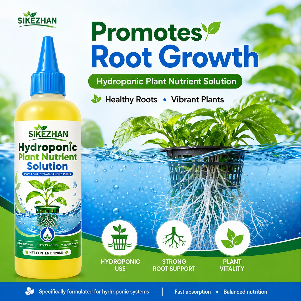 120ml Liquid Hydroponic Fertilizer, Easy-Dilute Plant Nutrient Solution for Strong Roots, Green Leaves and Water-Grown Plants