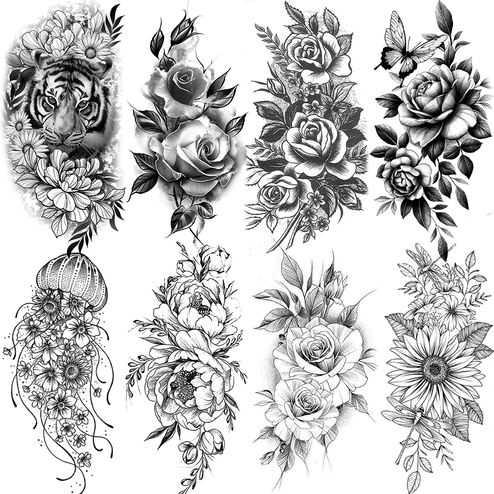 Realistic Black Rose Flower Temporary Tattoos Fake Waterproof Tatoo Body Art Arm Leg Floral Peony Bloosom Tattoo Stickers Makeup