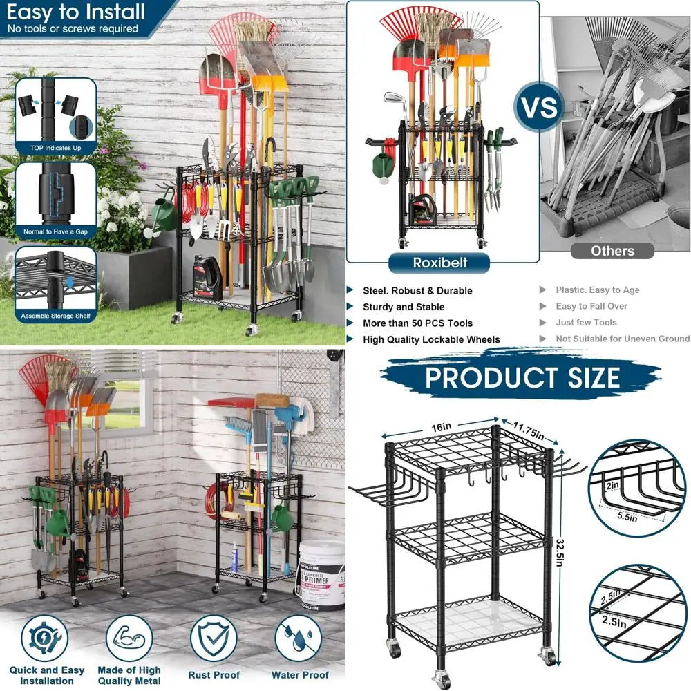 

Heavy-Duty Lockable Wheel Garden Tool Rack - Storage for 50+ Tools, Outdoor, Shed, and Lawn
