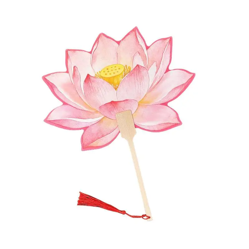 Handle Watercolor Print And Soft Tassel For Hanfu Outings Tea Ceremony Lotus Shaped Traditional Chinese Hand Fan With Bamboo