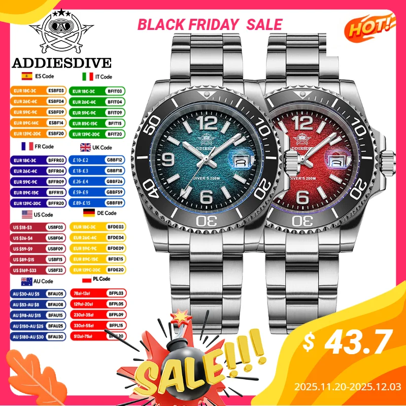 

ADDIESDIVE 2025 New Watches for Men Japan 2115 AR Coated Quartz Watches Fashion Red 41mm Waterproof 200m Dive Watch Reloj Hombre