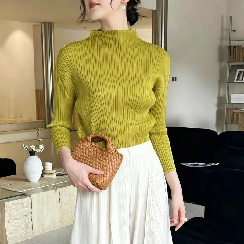 Pleated Women's Base Shirt Elegant Commuter Half High Collar Comfortable Casual Versatile Top Lightweight Draped Stretch T-Shirt