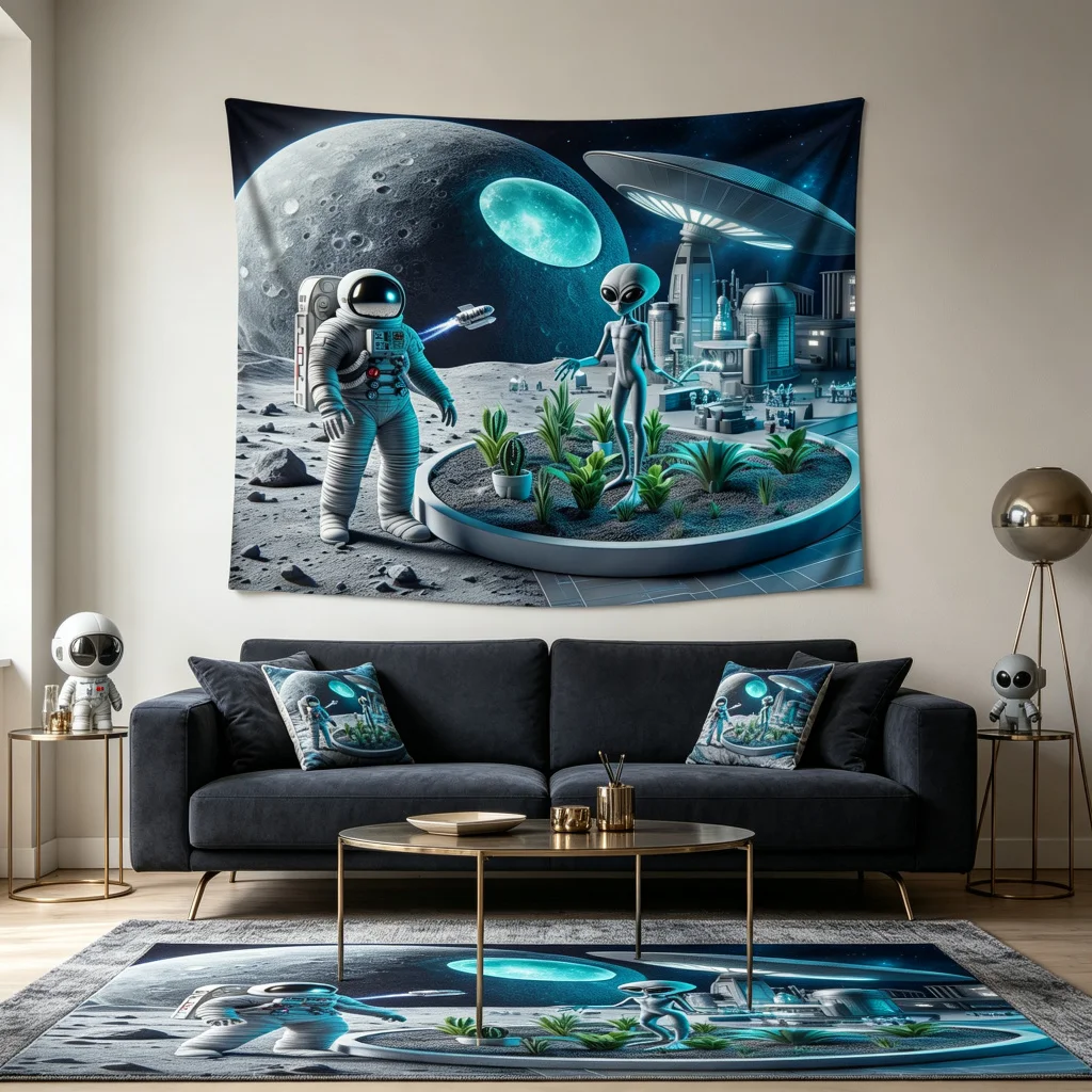1PC Astronaut Alien Moon Base Print Backdrop Banner, Bedroom Living Room Photo Background, Polyester, Home Decor, Wall Art