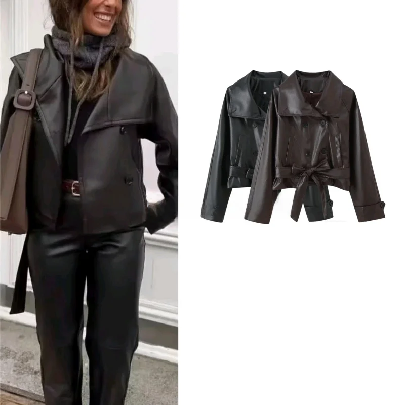 レトロスタイルルーズダブルブレストバタフライノットPUレザージャケットレディース秋新作ファッションアウターウェア暖かいフランネル裏地