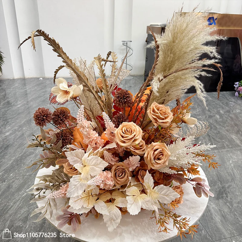 Karamell-Orange Tischläufer Blumenarrangement-Set Hochzeit Boden-Blumenreihe Gangdekoration Künstliche Blumen Event-Hintergrund Deko-Requisite – Detail 3
