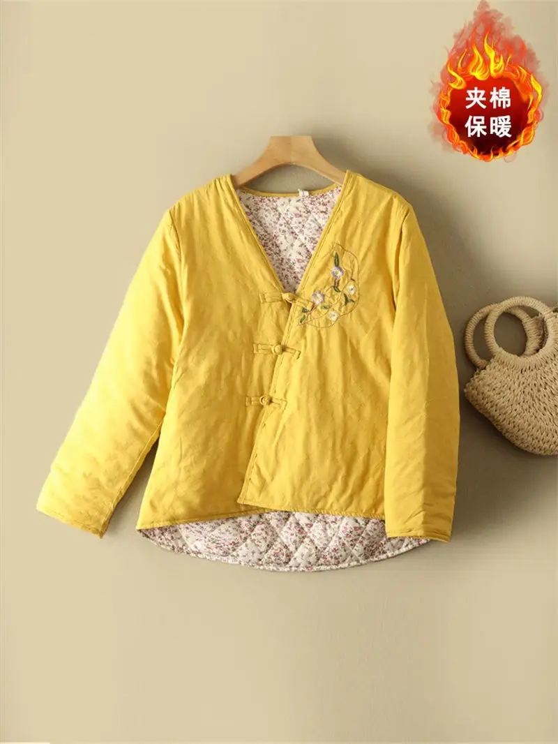 2024 Spring Autumn Chinese Style Embroidery Floral Lining Cotton Jacket V-Neck Buckle Irregular Women Short Quilted Coat Z4499