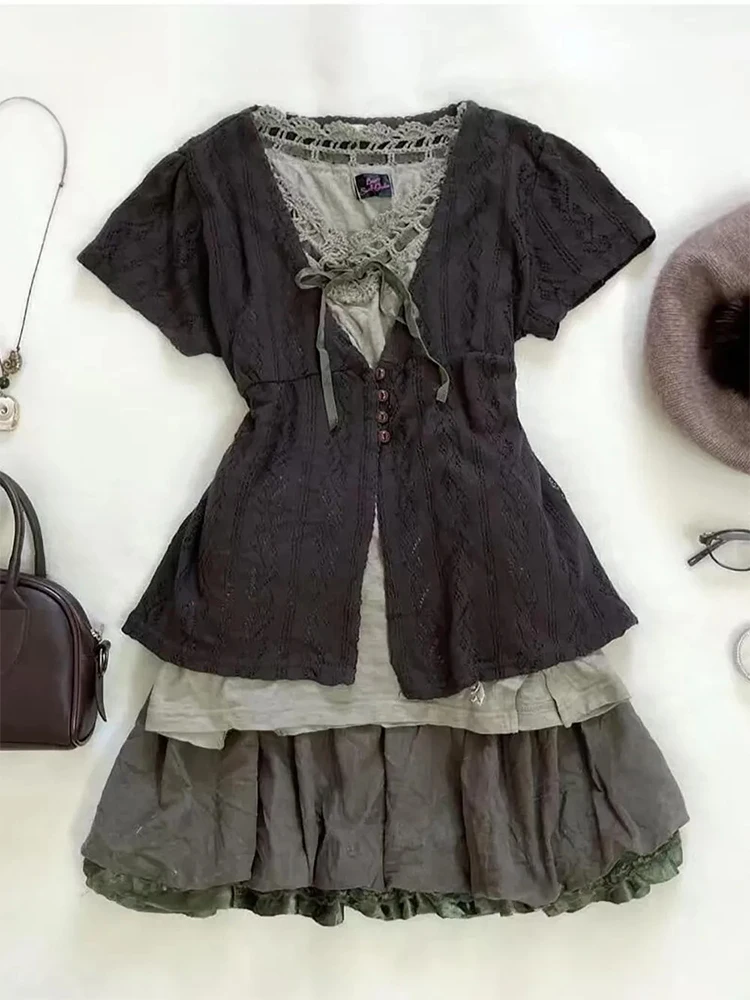 

Summer Vintage Short Sleeve Open Cardigan Inner Wear Top Half Length Skirt Three Piece Set Women's Fashion Ensemble High Waist