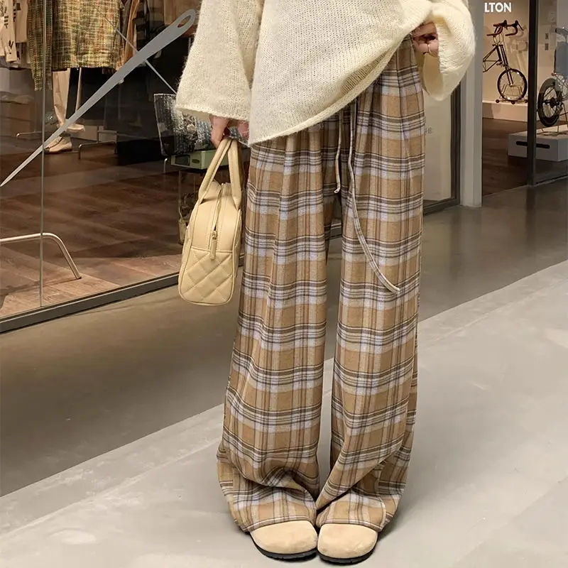 

Trousers With Drawstrings Contrasting Plaid High Waist Retro College Style Casual Design Straight Leg Pants Floor Mopping Pants