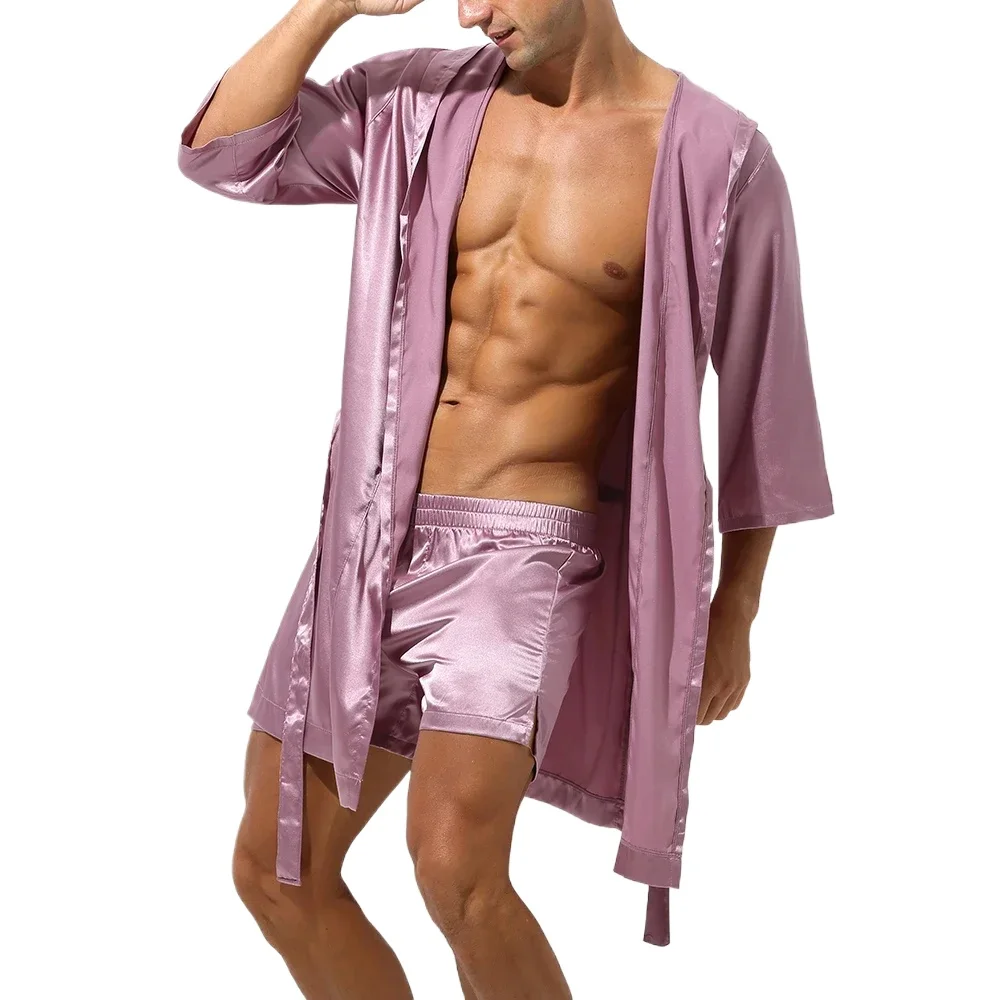 

Men Hooded Robe Set Silk Satin Night Gown Sleep Bathrobe Matching Couple Party Groom Robe Pajama Sleepwear Breathable Loungewear
