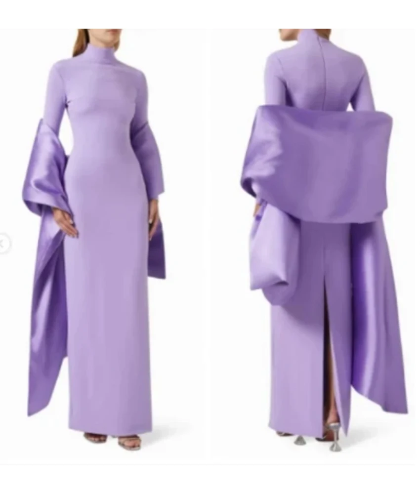 

Customized Modern Jersey Straight shawl Evening Dress Temperament High Collar Long Sleeves Floor Length Bespoke Occasion Gowns