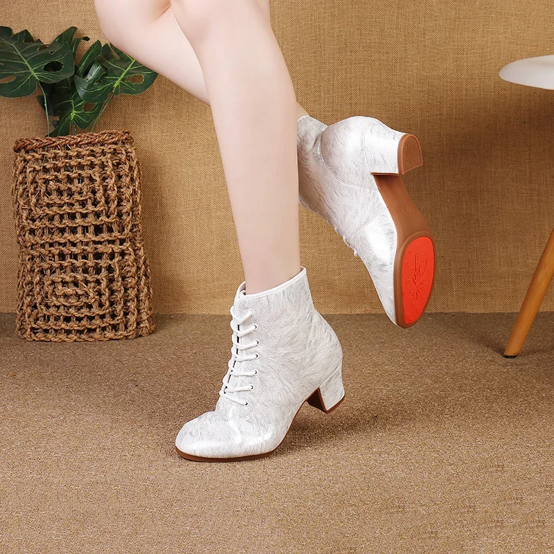 Woman Latin Dance Booties Women High Top Lace Up Square Heels Bootie for Girls High Heel Dance Boots Shoes