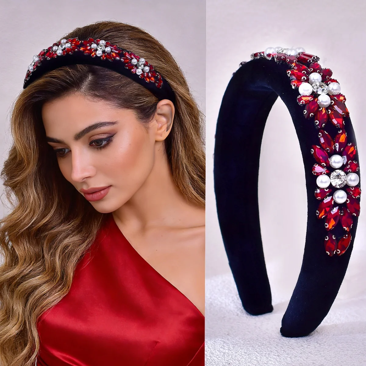 

Европейские и американские винтажные аксессуары для волос, роскошная бордовая повязка на голову с цветочным узором из страз, толстая губчатая повязка для волос SA64