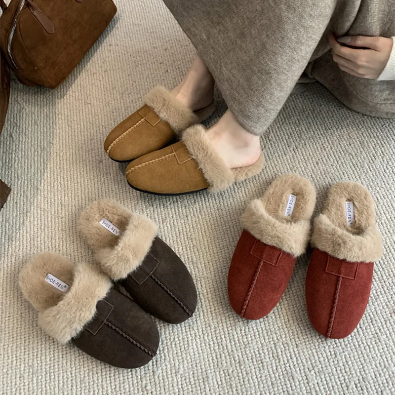 Leather lamb wool warm and fluffy snow shoes rabbit hair broached mop hair shoes women wear lazy half mop cotton shoes