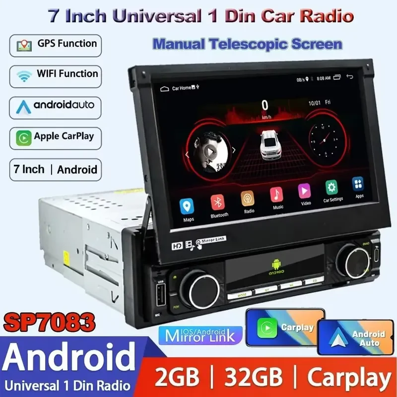7' Retractable Touch Screen 1DIN Car Radio Android Auto Wireless CarPlay Multimedia Universal Navigator FM Android 12 OS