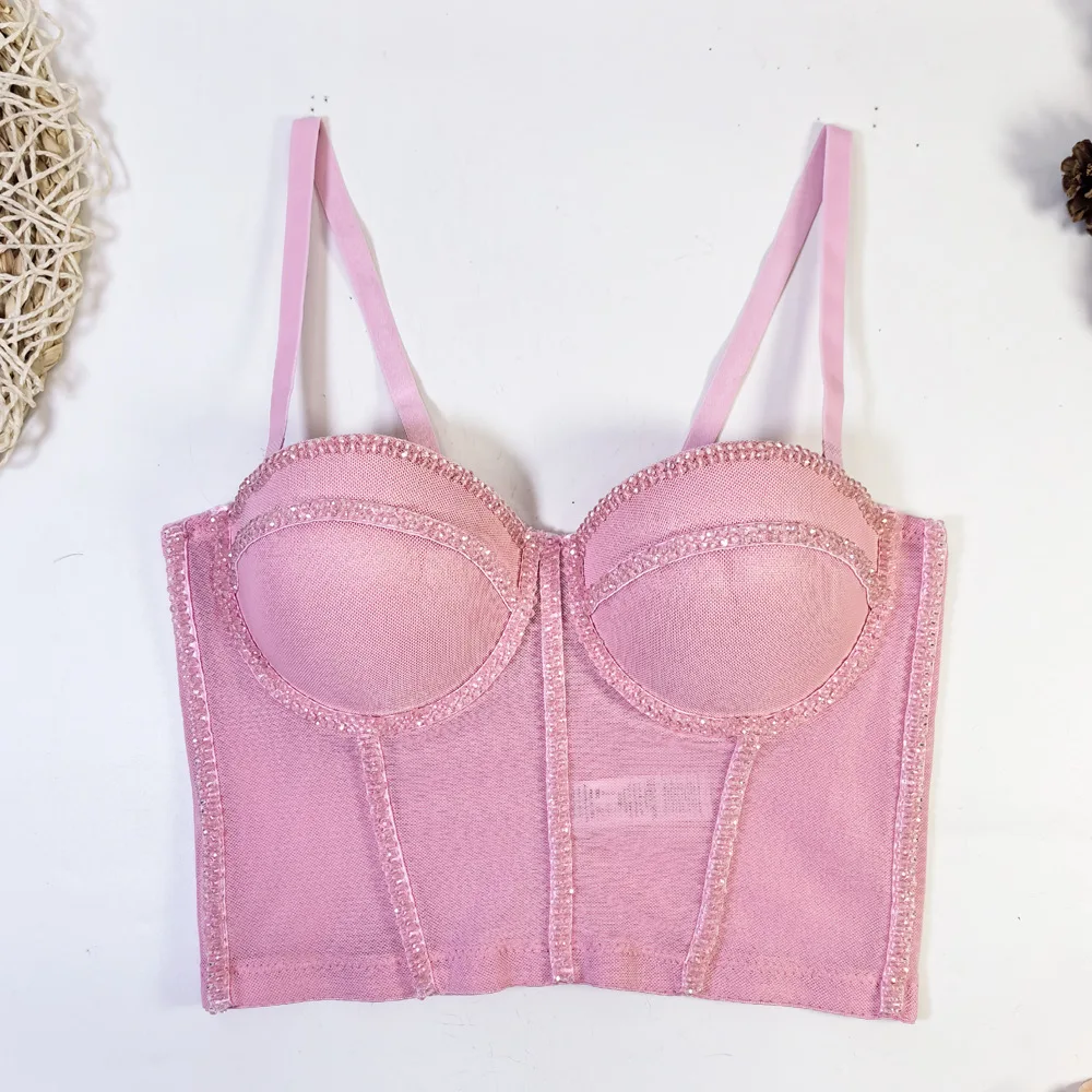 Sexy Beaded Mesh Bra Fishbone Strap Crystal Crop Top Women's Outerwear Summer 2024 Regular Thickness Chinese Origin