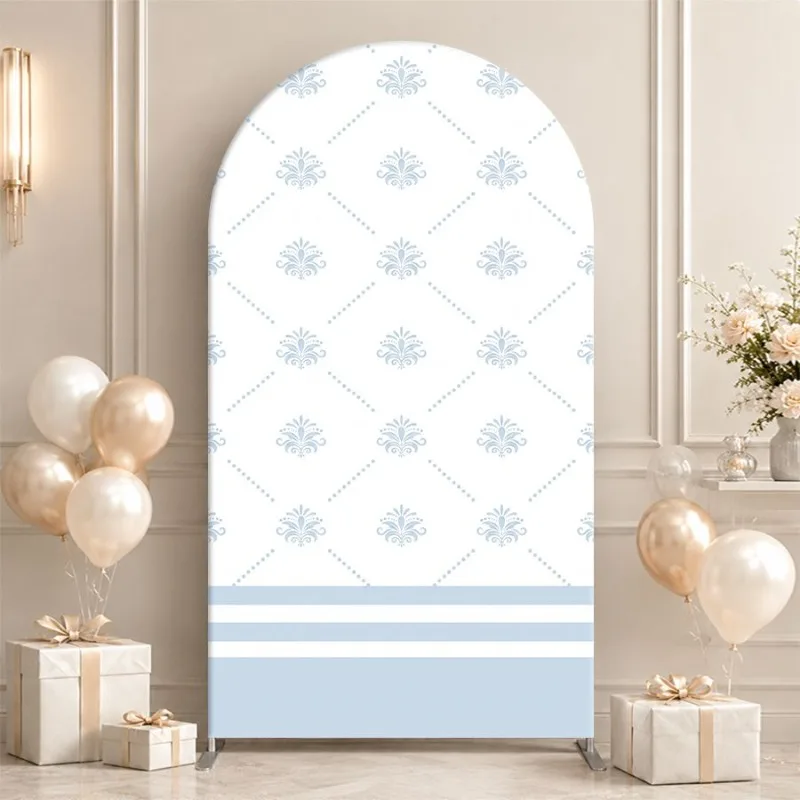 Single Side Arch Backdrop Cover Elegant White Arched Backdrop with Subtle Blue Floral Pattern and Horizontal Stripes Ideal