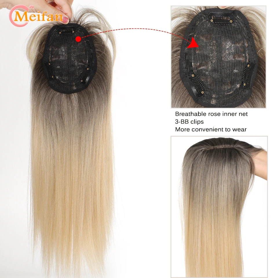 MEIFAN-Extensões de cabelo longas e retas, topper de cabelo sintético, peruca falsa, preto e marrom, 3-Clip com estrondo