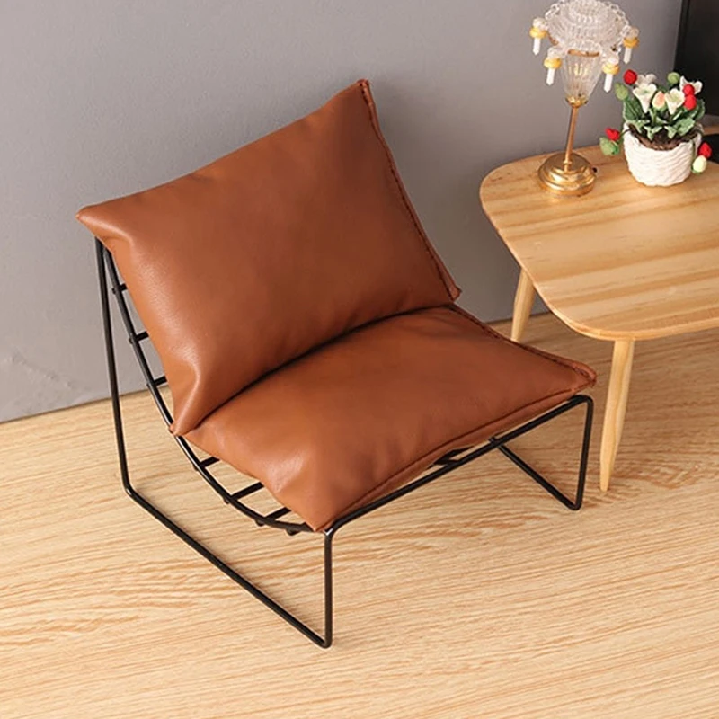 

Dollhouse Miniature Iron Sofa Chair Leather Cushion Back Chair Furniture Model Dolls Living Room Scene Model Decor Toy